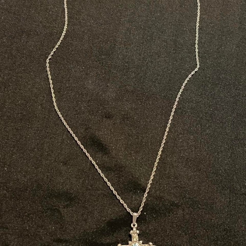 Silver Tone Cross Pendant Necklace Blue Stone Marcasite Accents Rope Chain 18in